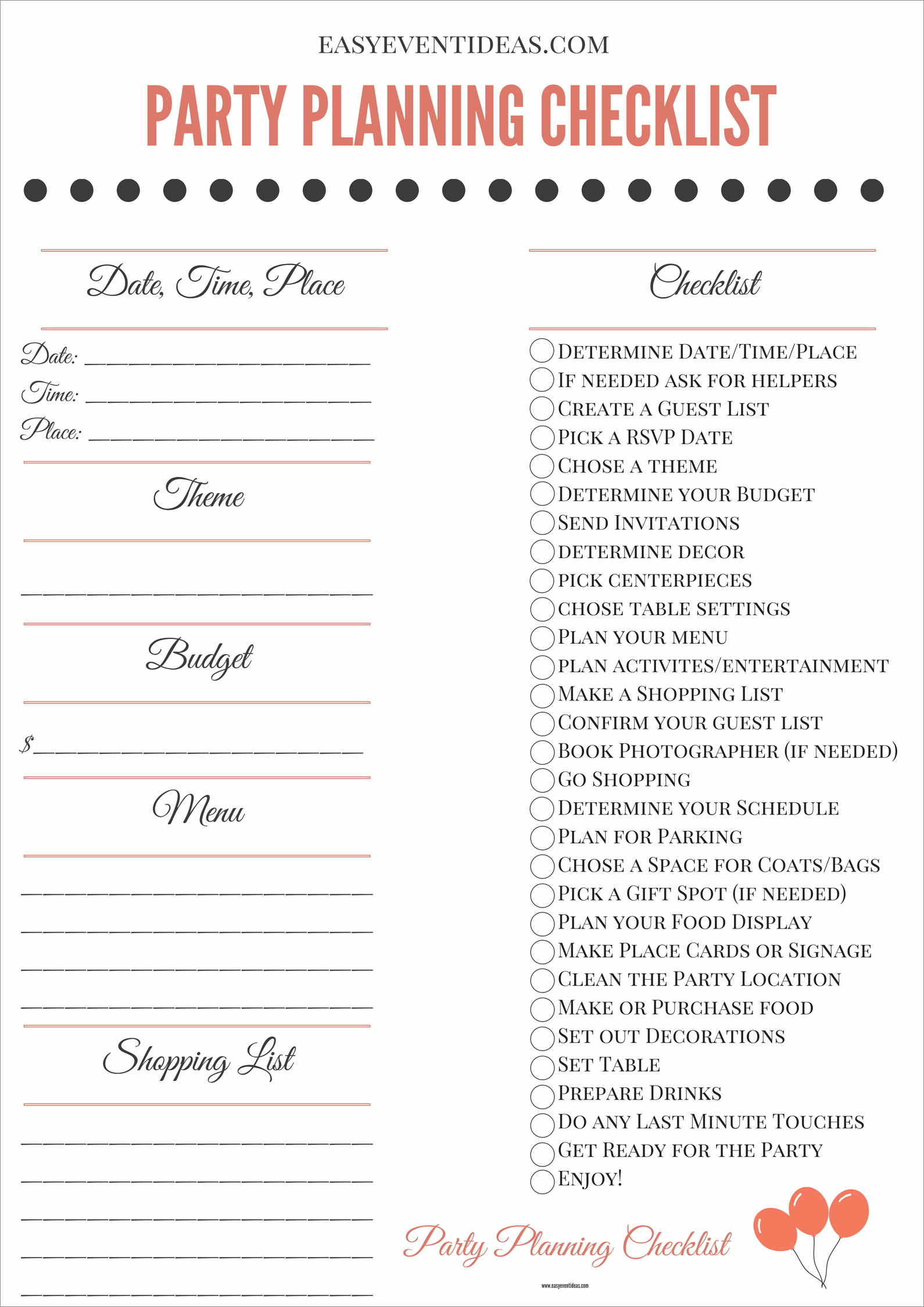 sample of party planning checklist template