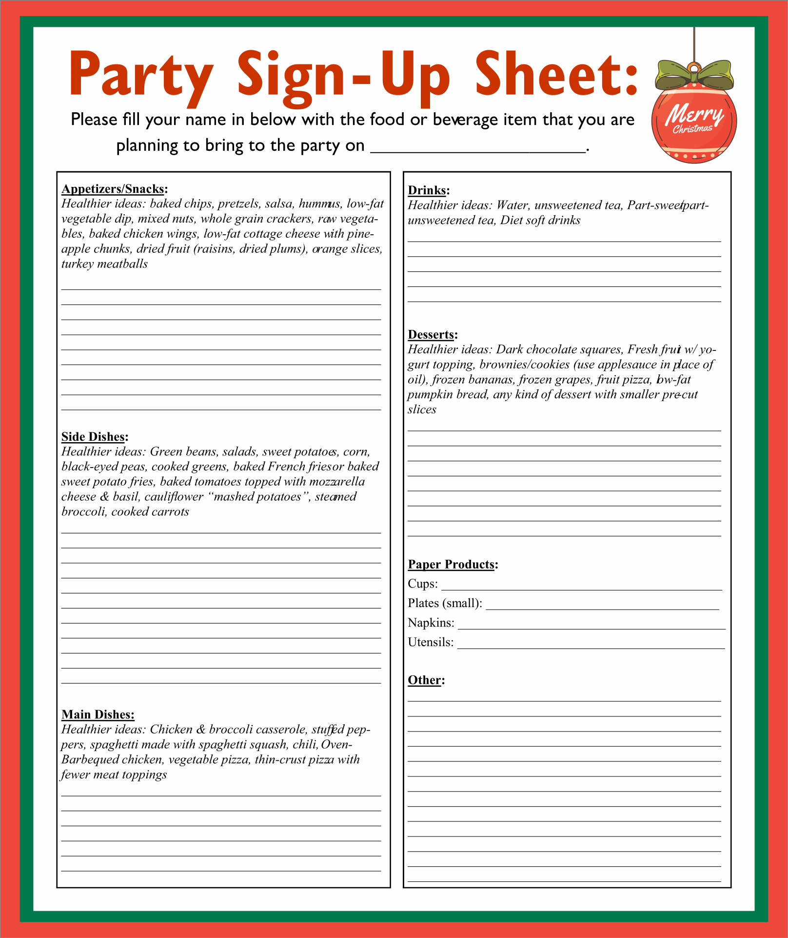sample of party sign-up sheet template