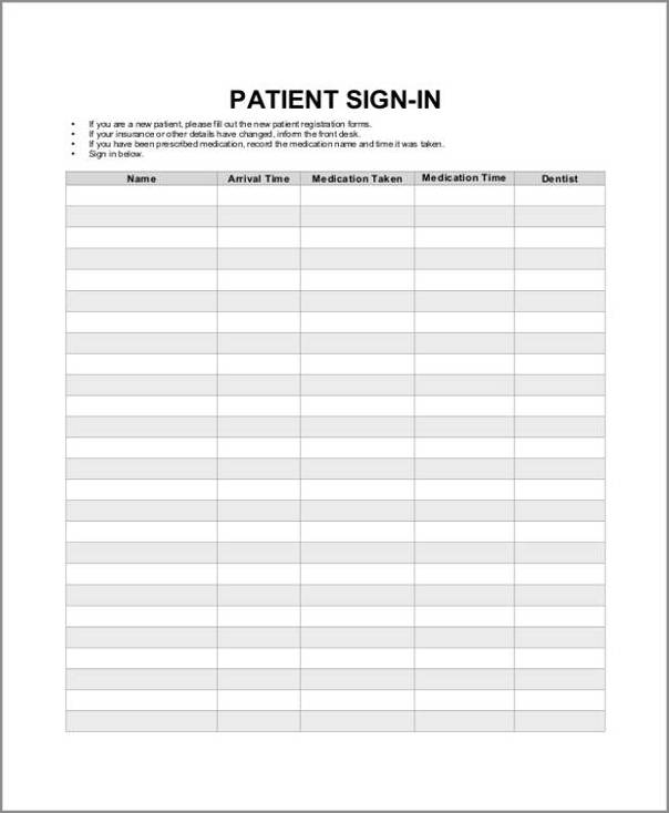 sample of patient sign in sheet template