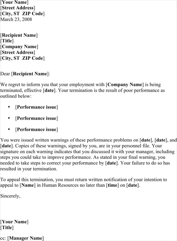 sample of poor performance termination letter template