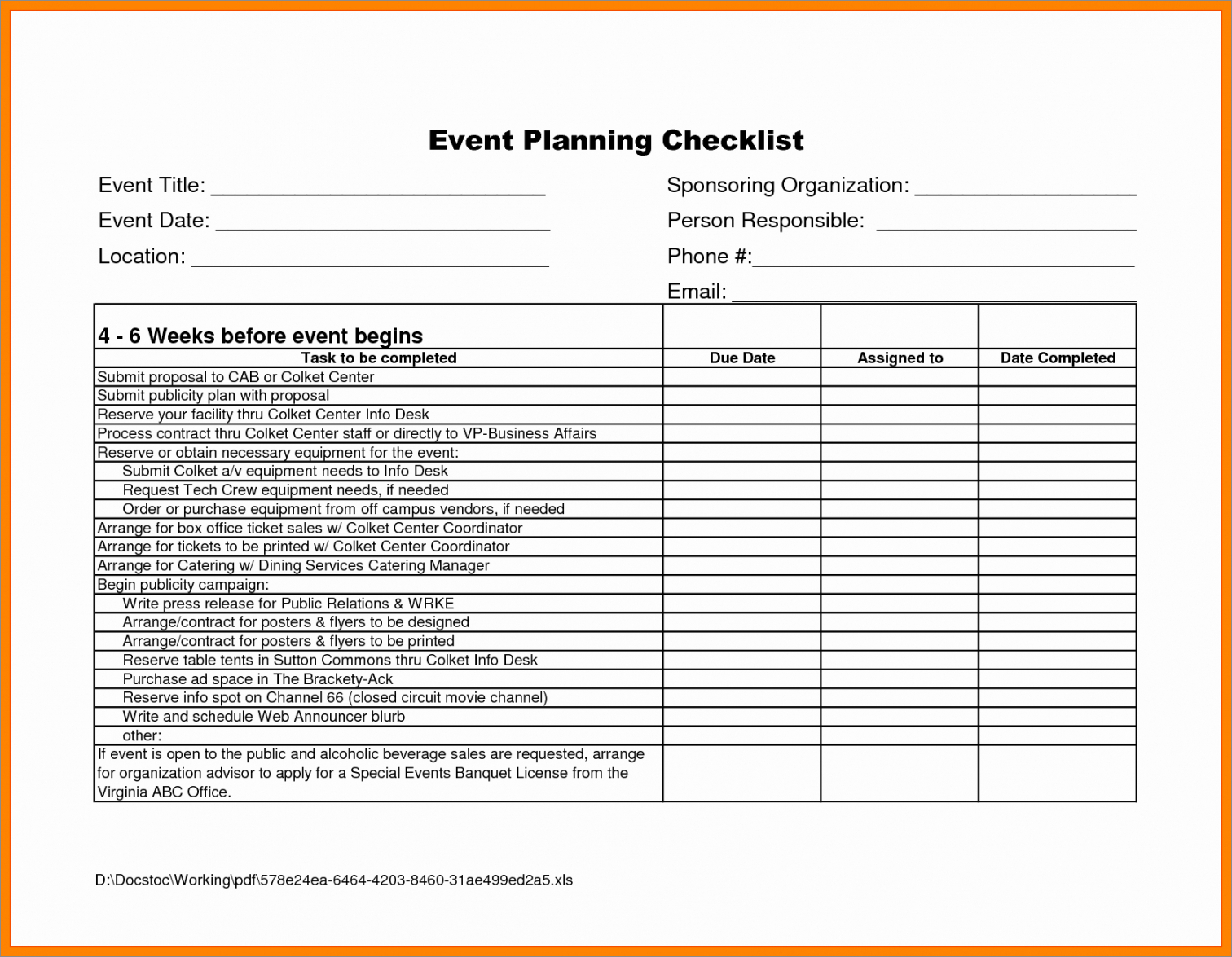sample of printable event checklist template
