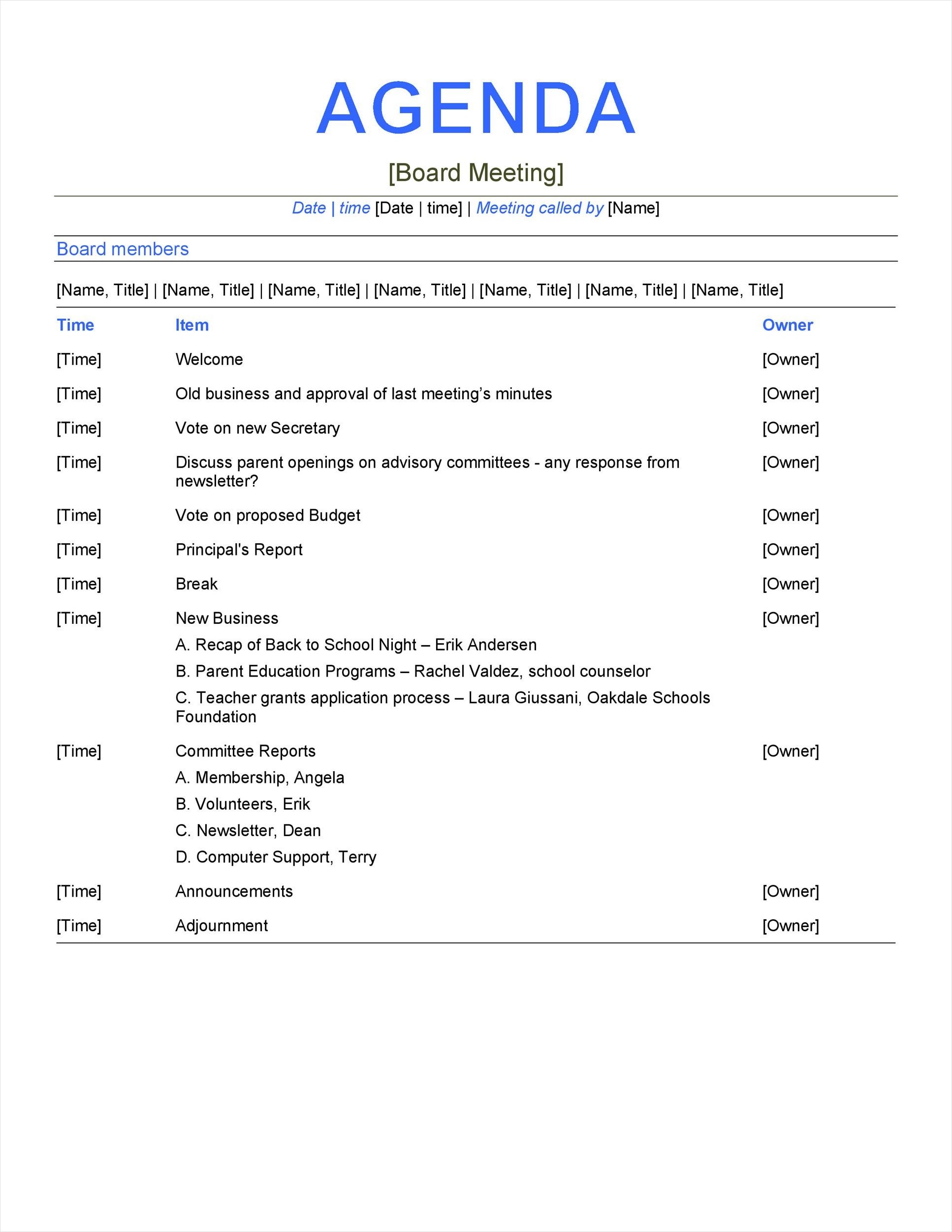 sample of professional meeting agenda template