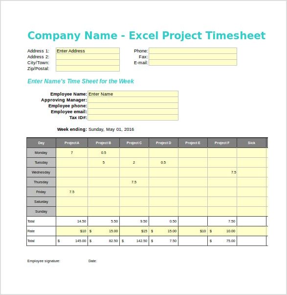 sample of project timesheet template
