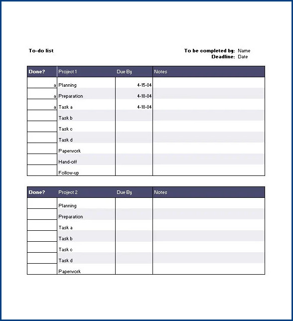 sample of project to do list template