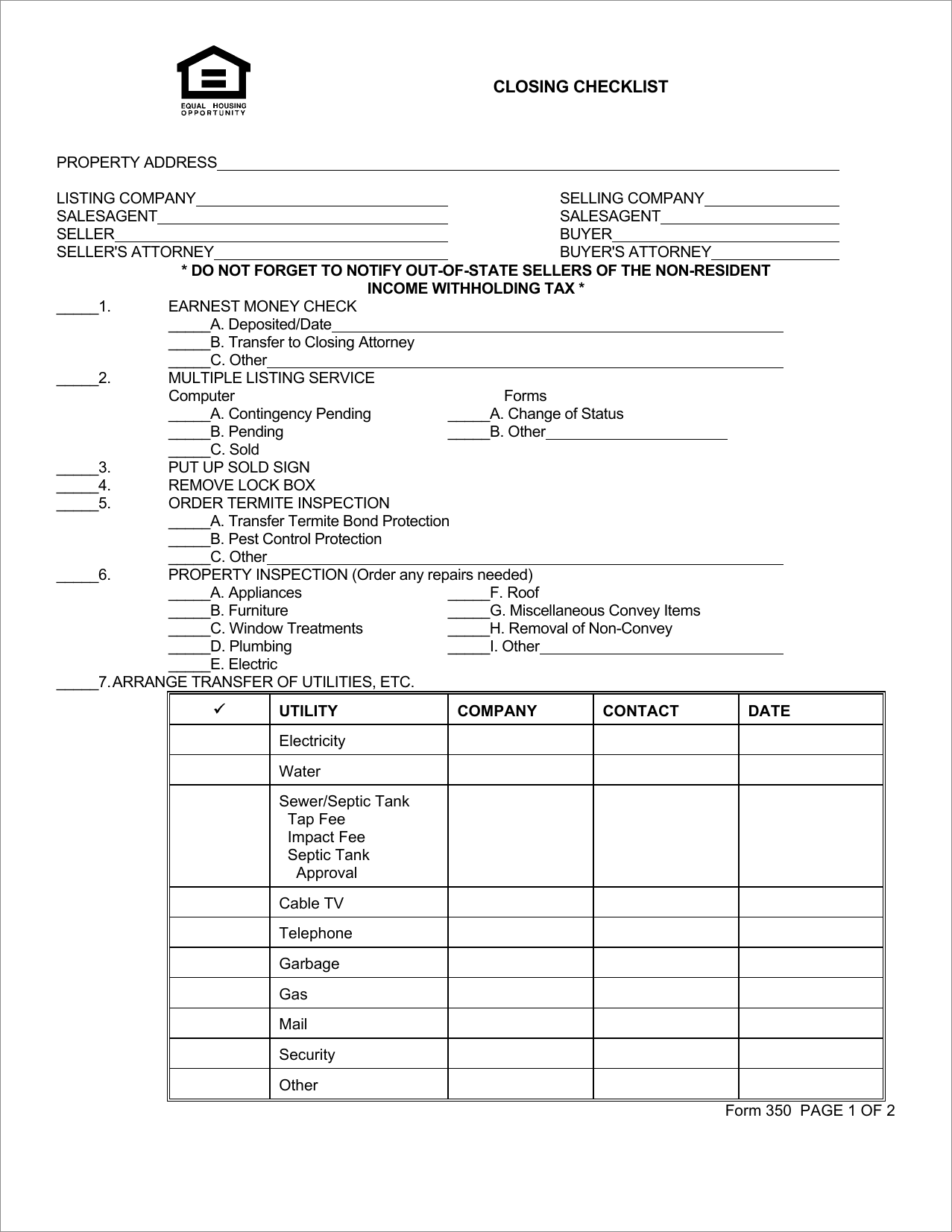 sample of real estate closing checklist template