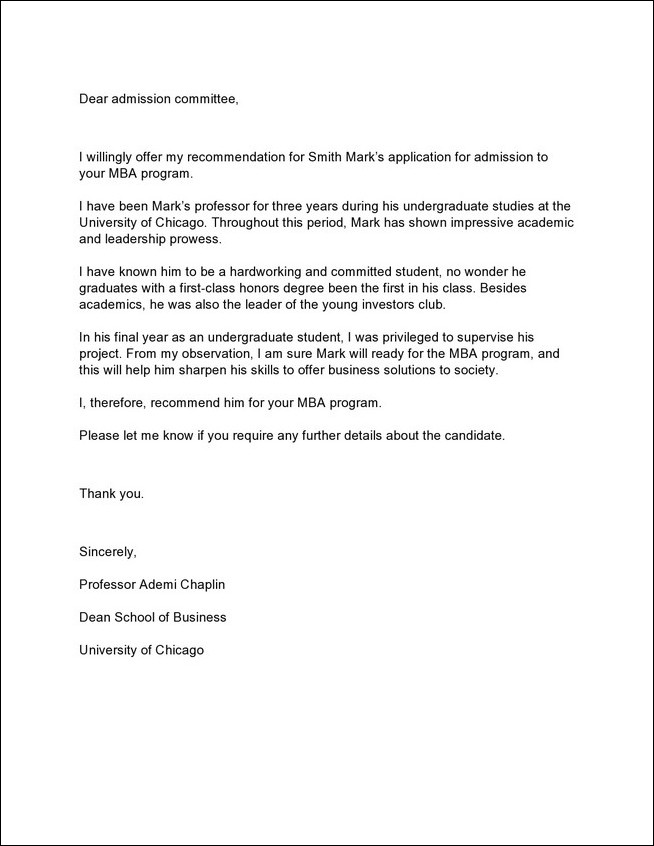 sample of recommendation letter template for graduate school