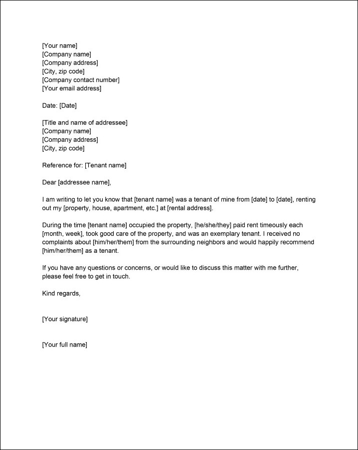 sample of reference letter template for landlord