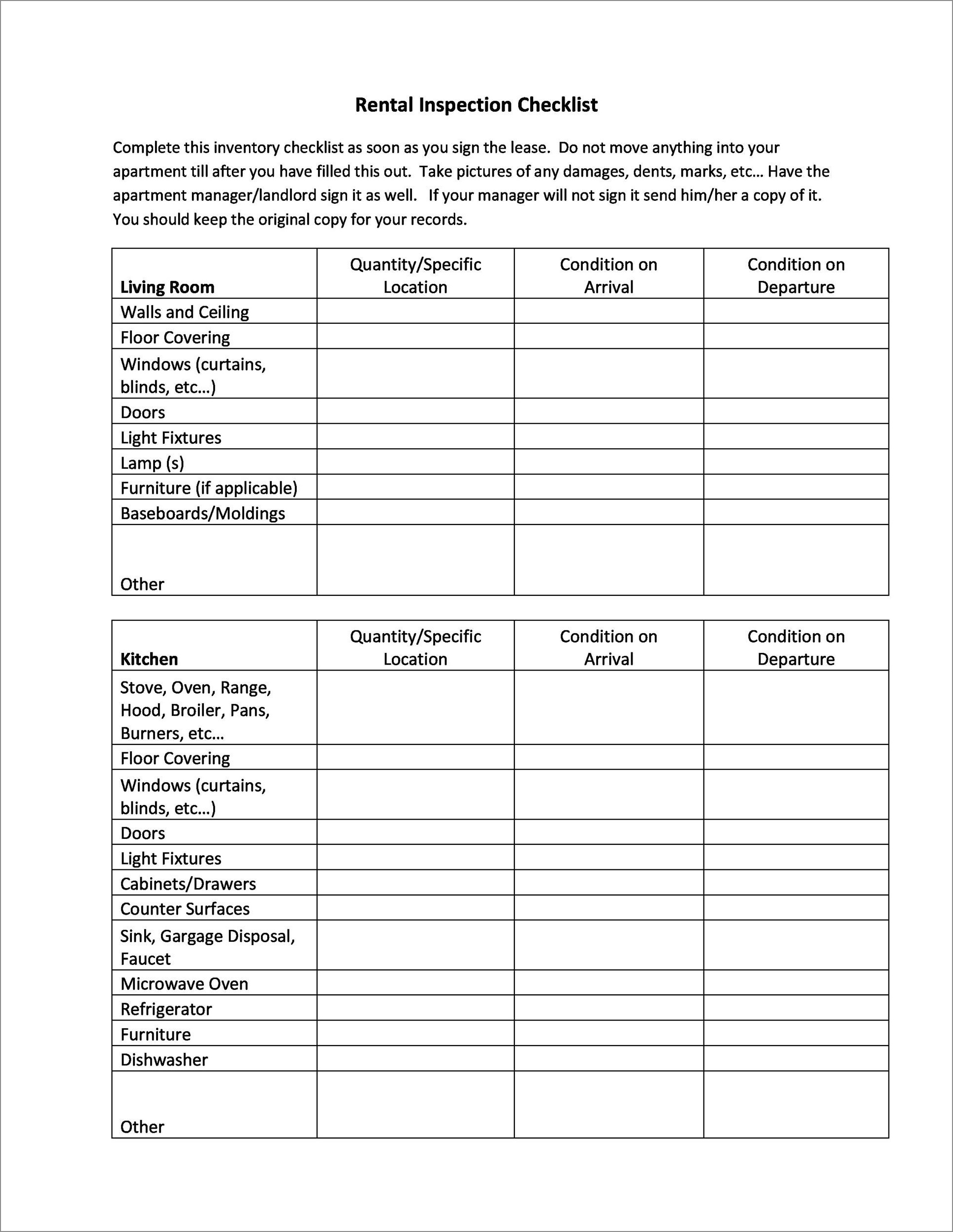 sample of rental inspection checklist template
