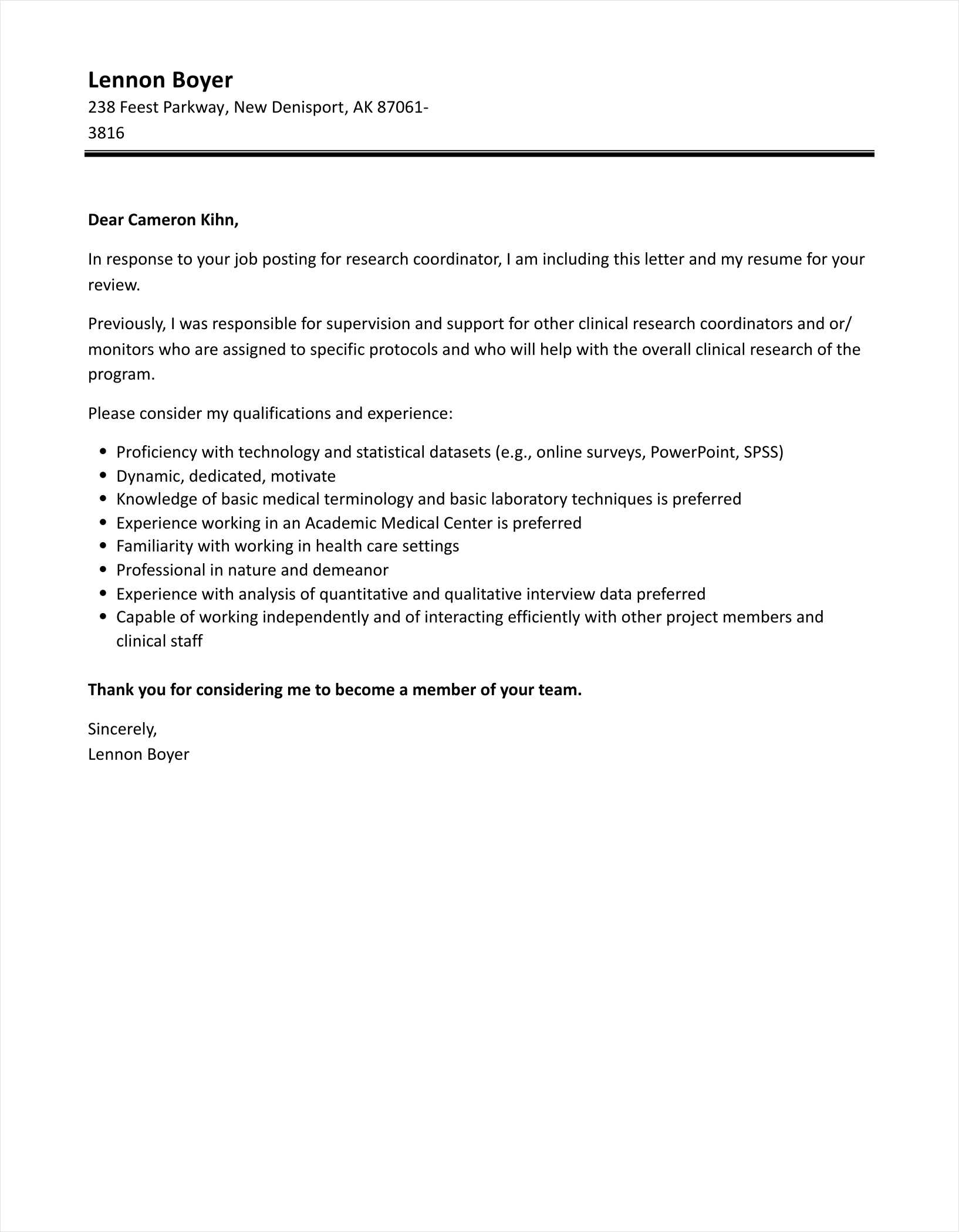 sample of research coordinator cover letter template