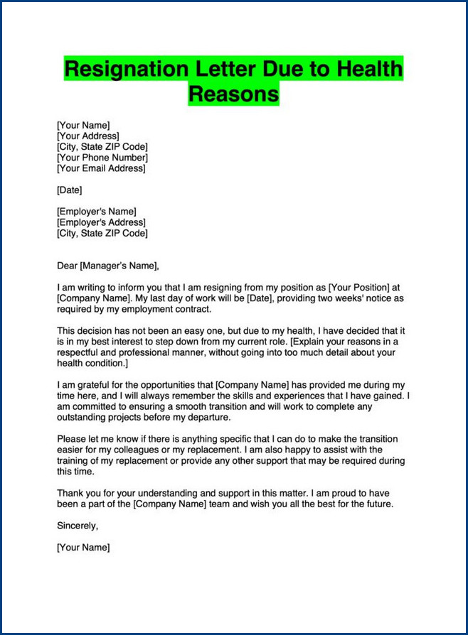 sample of resignation letter template due to health