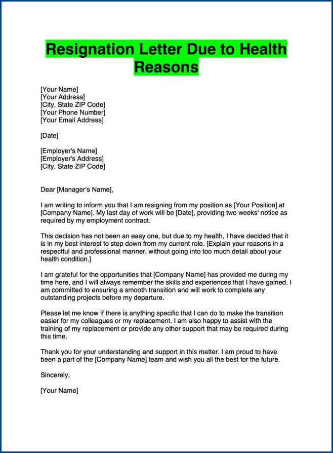 sample of resignation letter template due to health sample of resignation letter template due to health