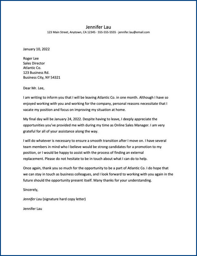 sample of resignation letter template for personal reasons