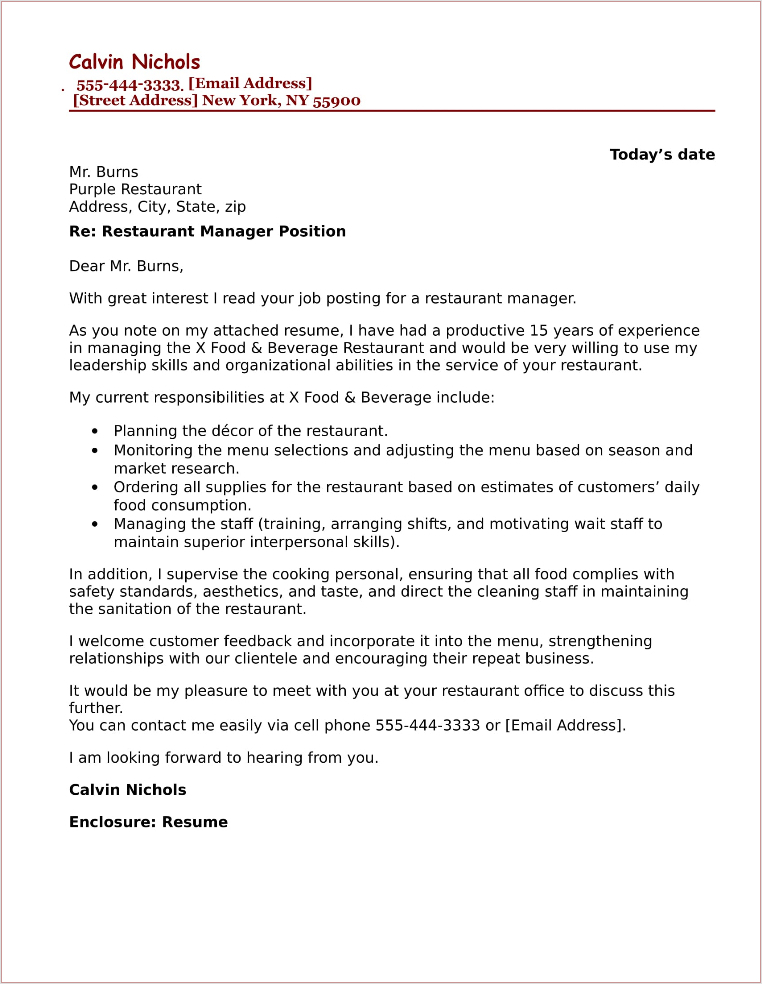 sample of restaurant management cover letter template
