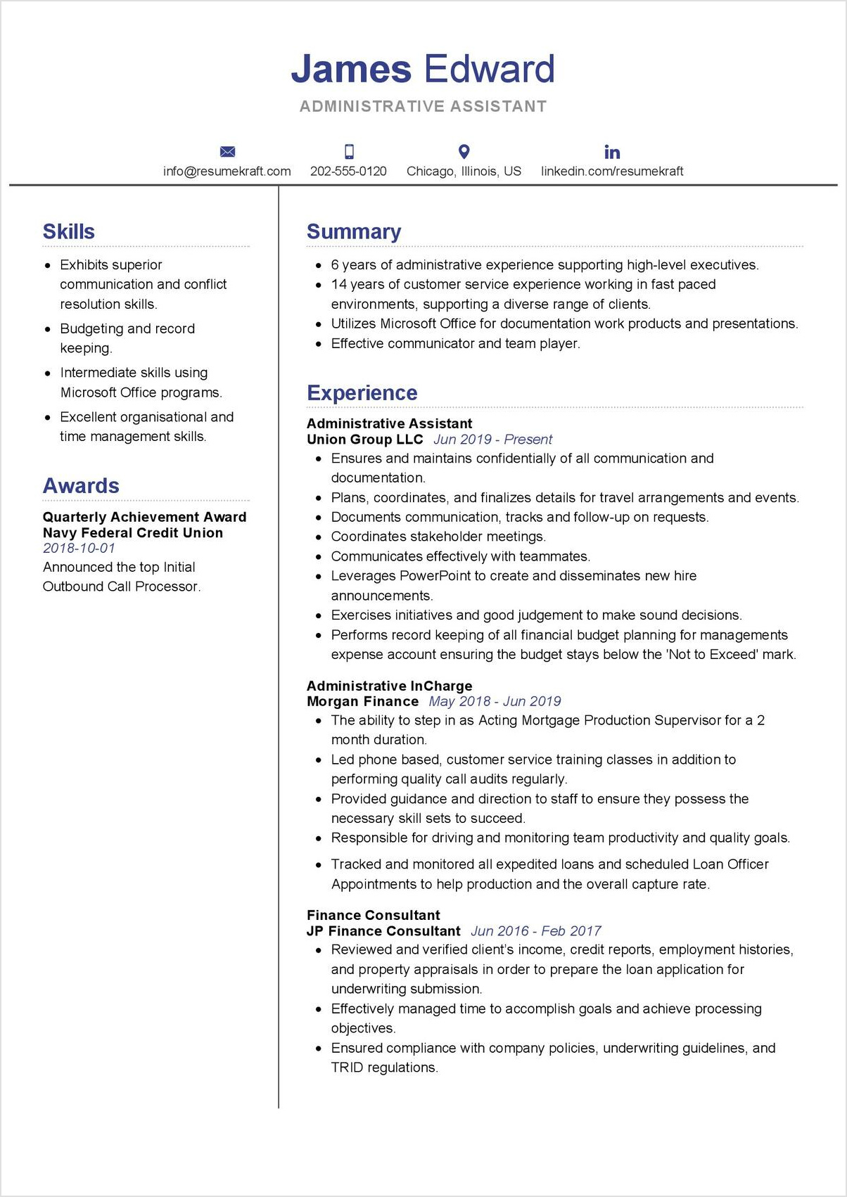 sample of resume template for administrative assistant