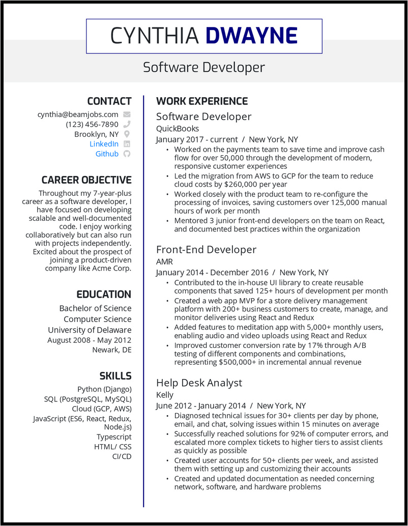 sample of resume template for software developer