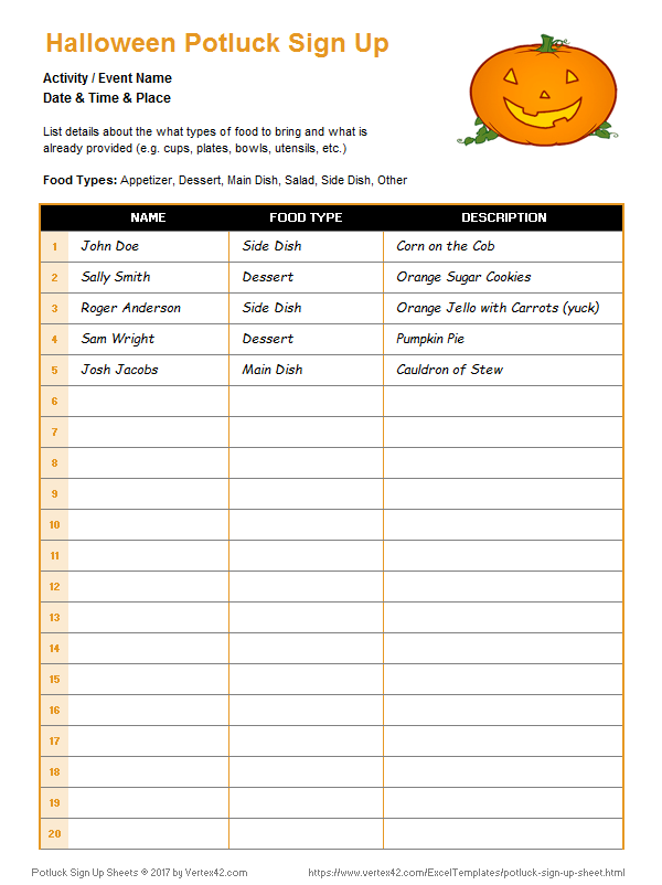 sample of sign-up sheet template for food