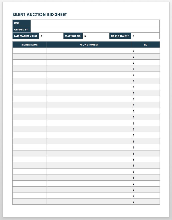 sample of silent auction sign-up sheet template