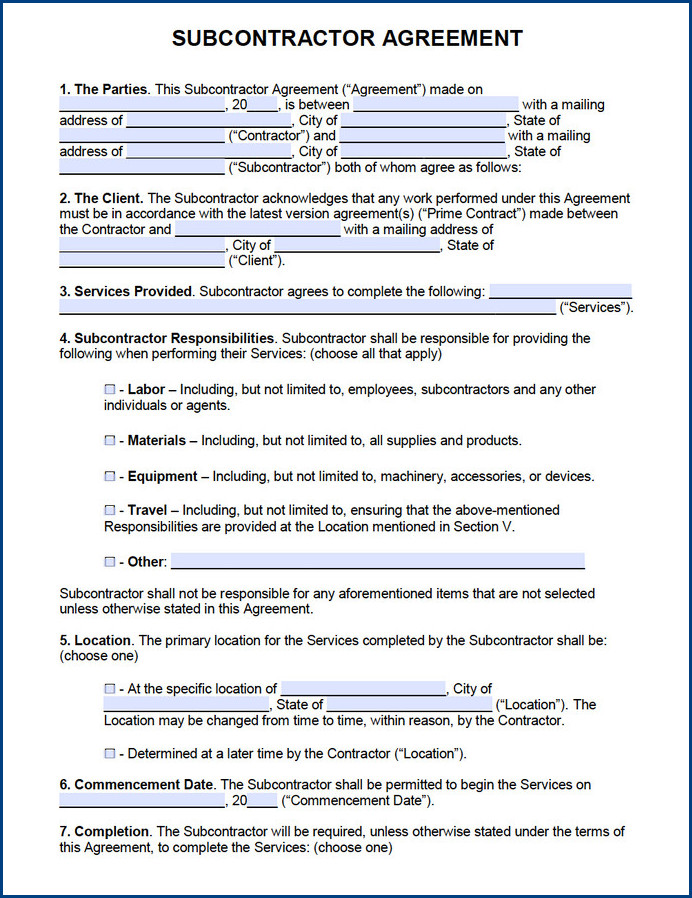 sample of subcontractor agreement template