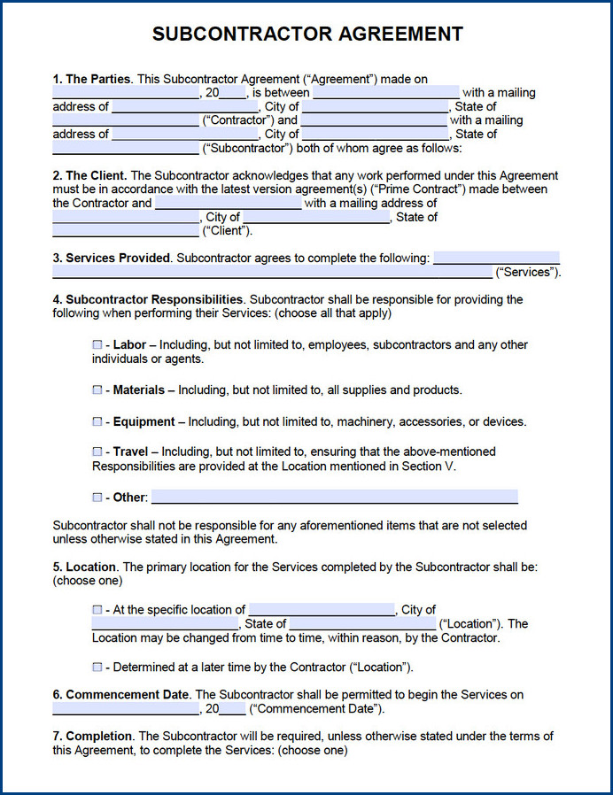 sample of subcontractor agreement template sample of subcontractor agreement template