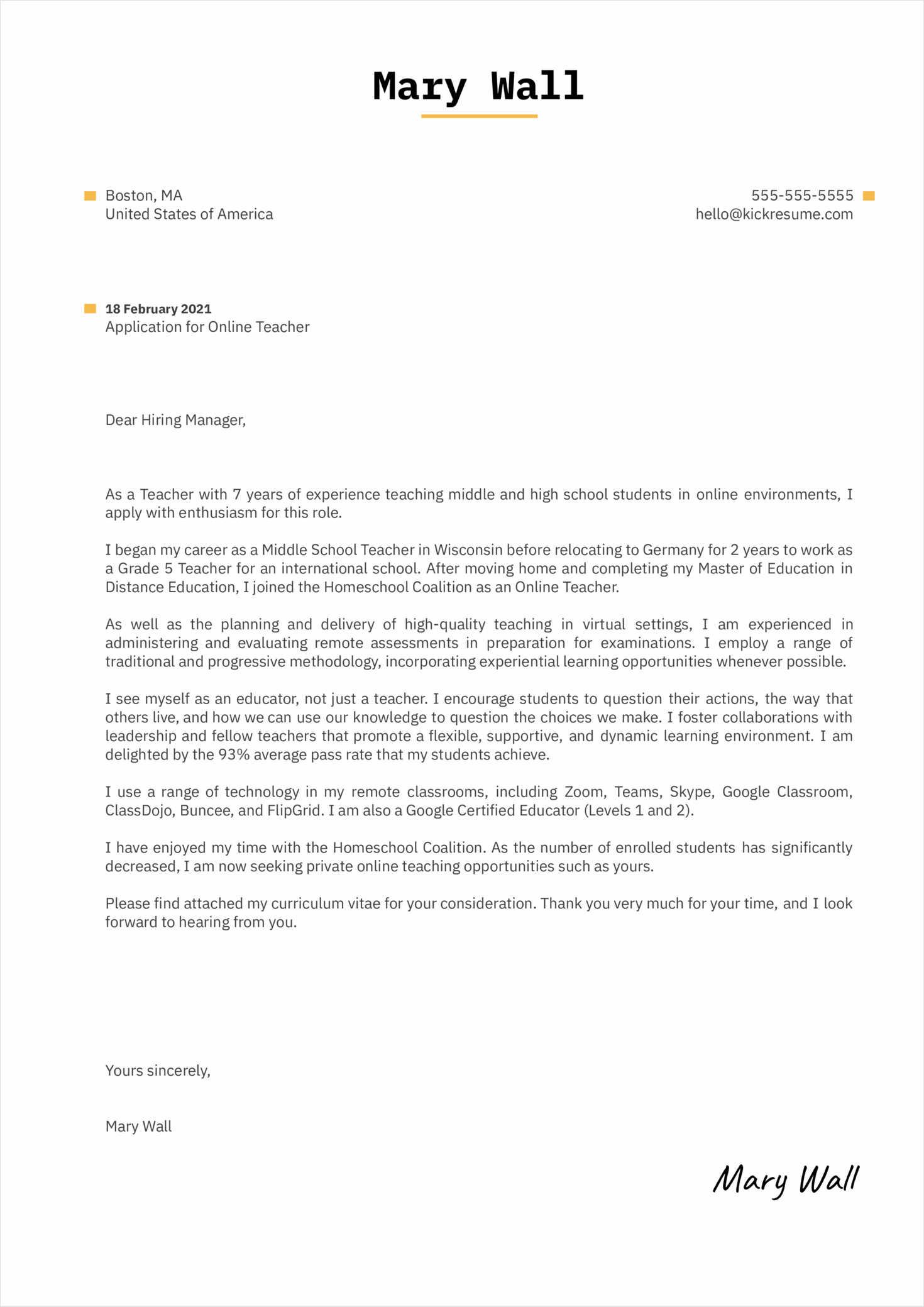 sample of teacher cover letter template with experience
