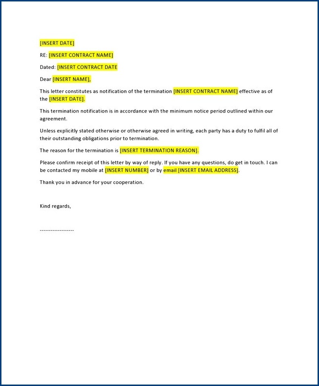 sample of termination of service letter template