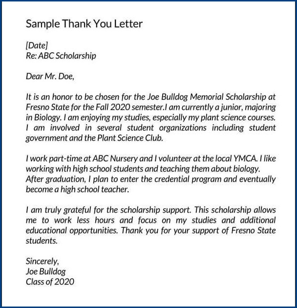 sample of thank you letter template for scholarship