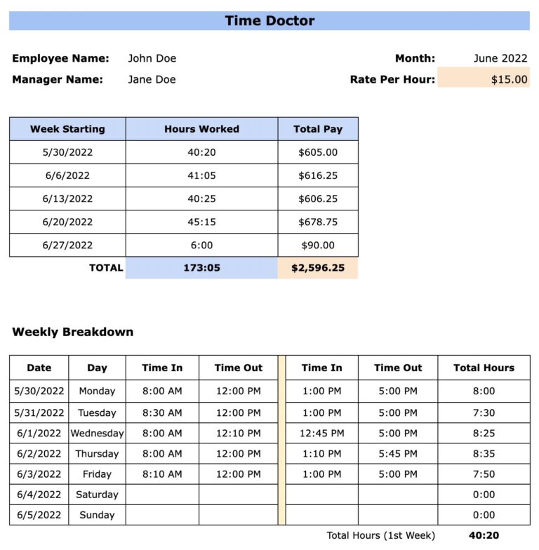 Timesheet Template For Software Development [Excel]