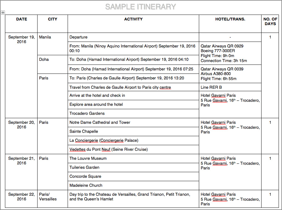 sample of travel itinerary template for schengen visa