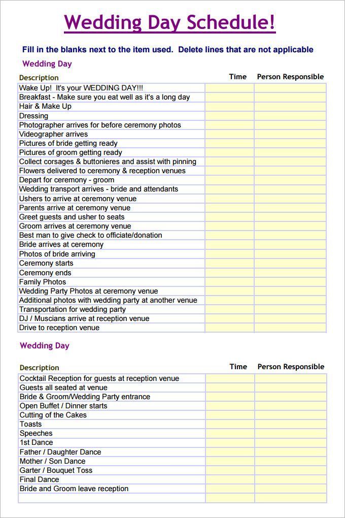 sample of wedding day time schedule template