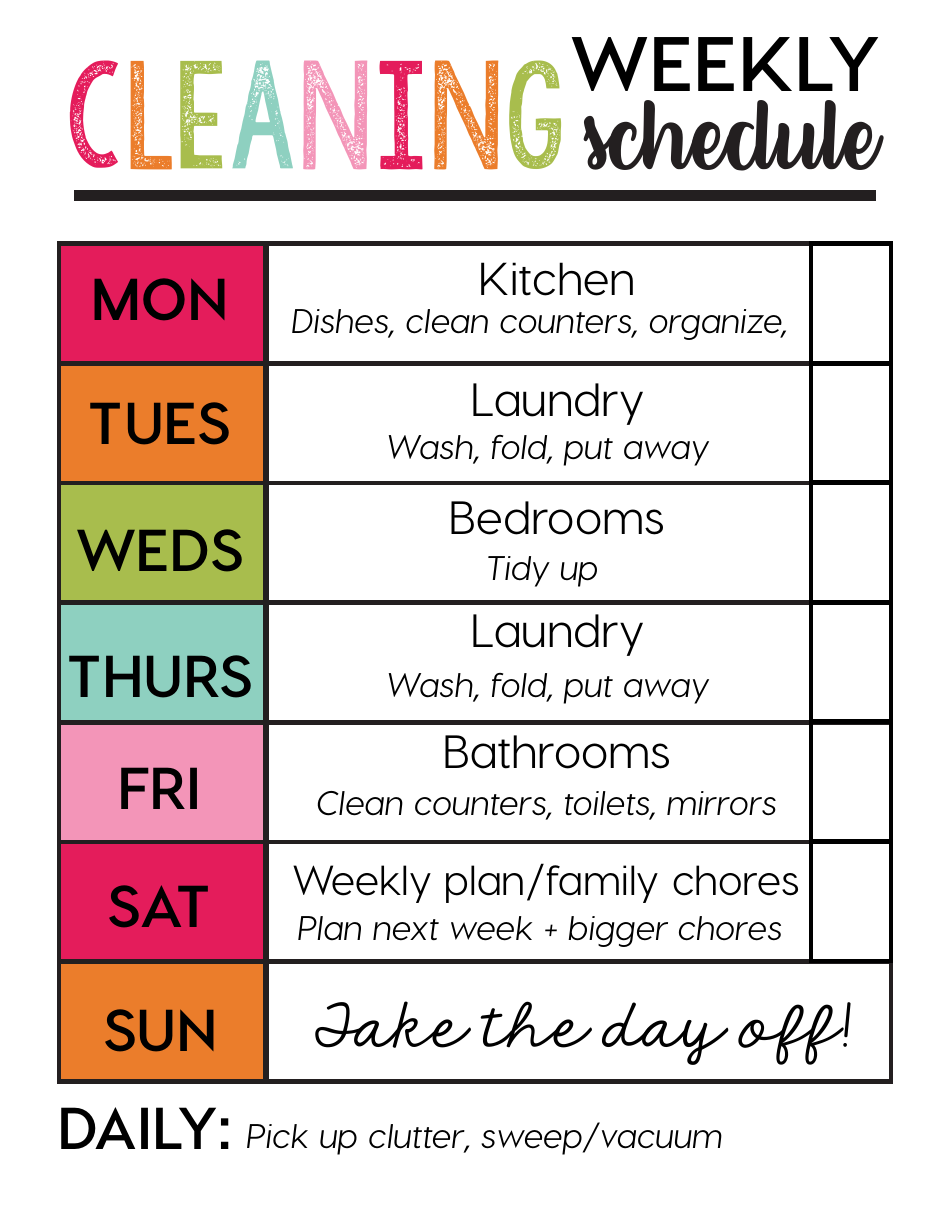 sample of weekly cleaning schedule template