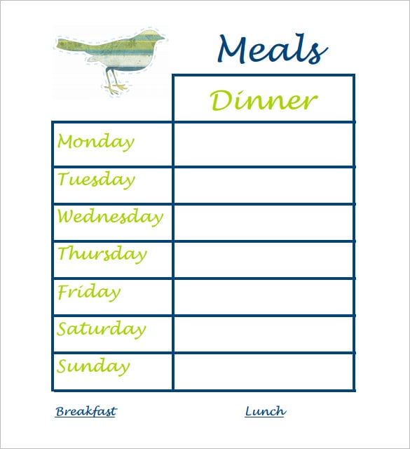 sample of weekly dinner schedule template