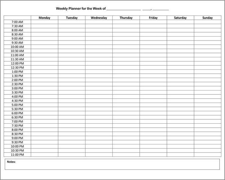 sample of weekly schedule template by hour