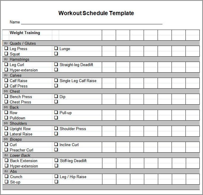 sample of work out schedule template