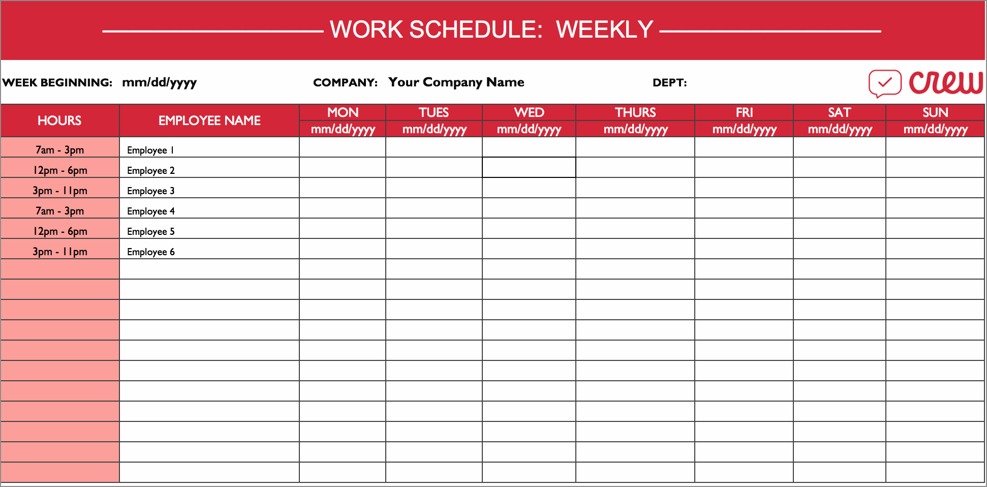 sample of work schedule template