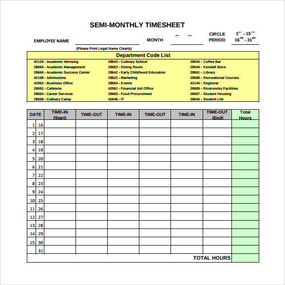 semi monthly timesheet template