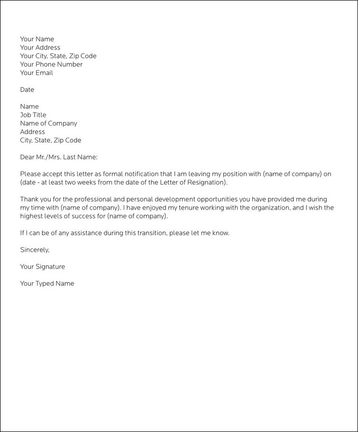 short resignation letter template example short resignation letter template example