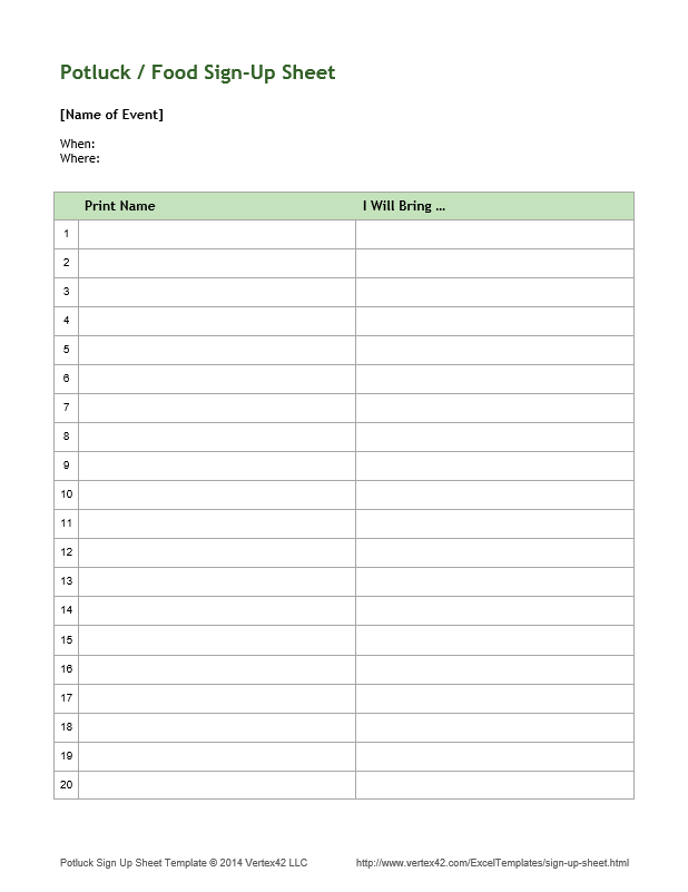 sign-up sheet template for food example