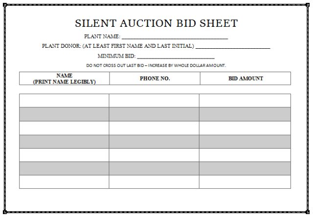 silent auction sign-up sheet template sample