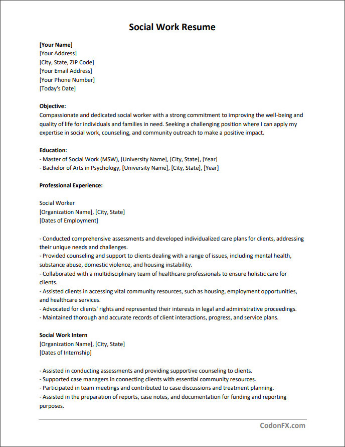 Step-by-step walkthrough of populating details in a social work resume template