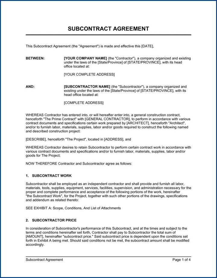 subcontractor agreement template example subcontractor agreement template example