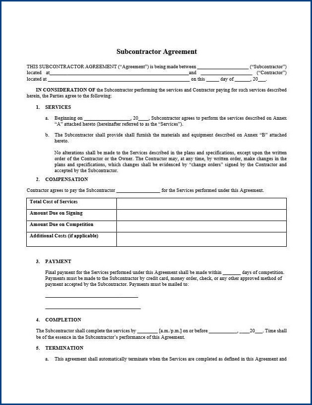 subcontractor agreement template sample