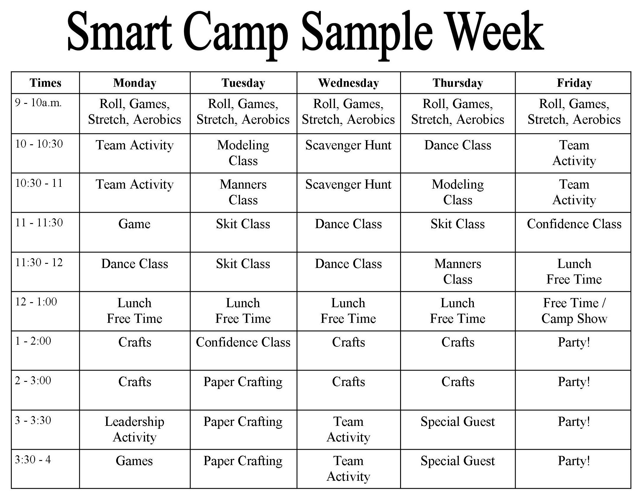 summer camp schedule template sample