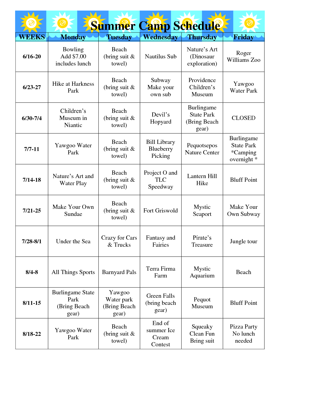 summer camp schedule template