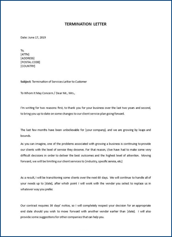 termination of service letter template sample termination of service letter template sample