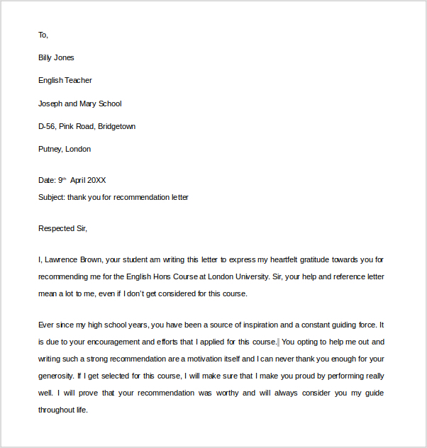 thank you letter template for writing recommendation sample