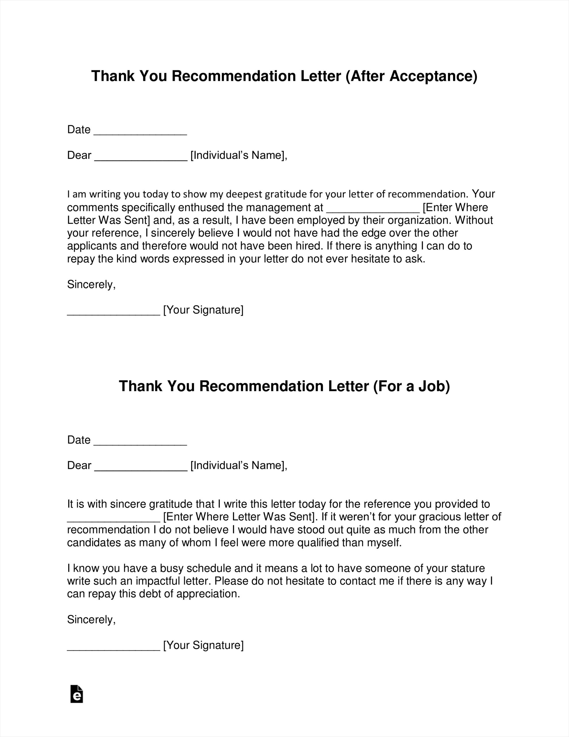 thank you letter template for writing recommendation