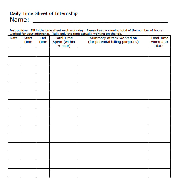 timesheet template for internship example