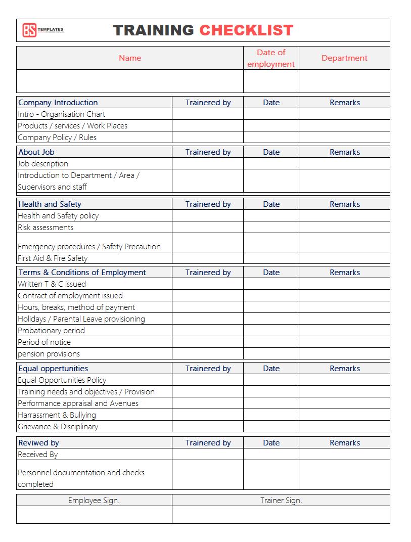 training checklist template