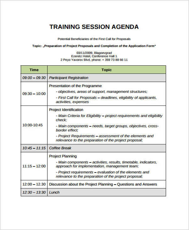 training meeting agenda template example