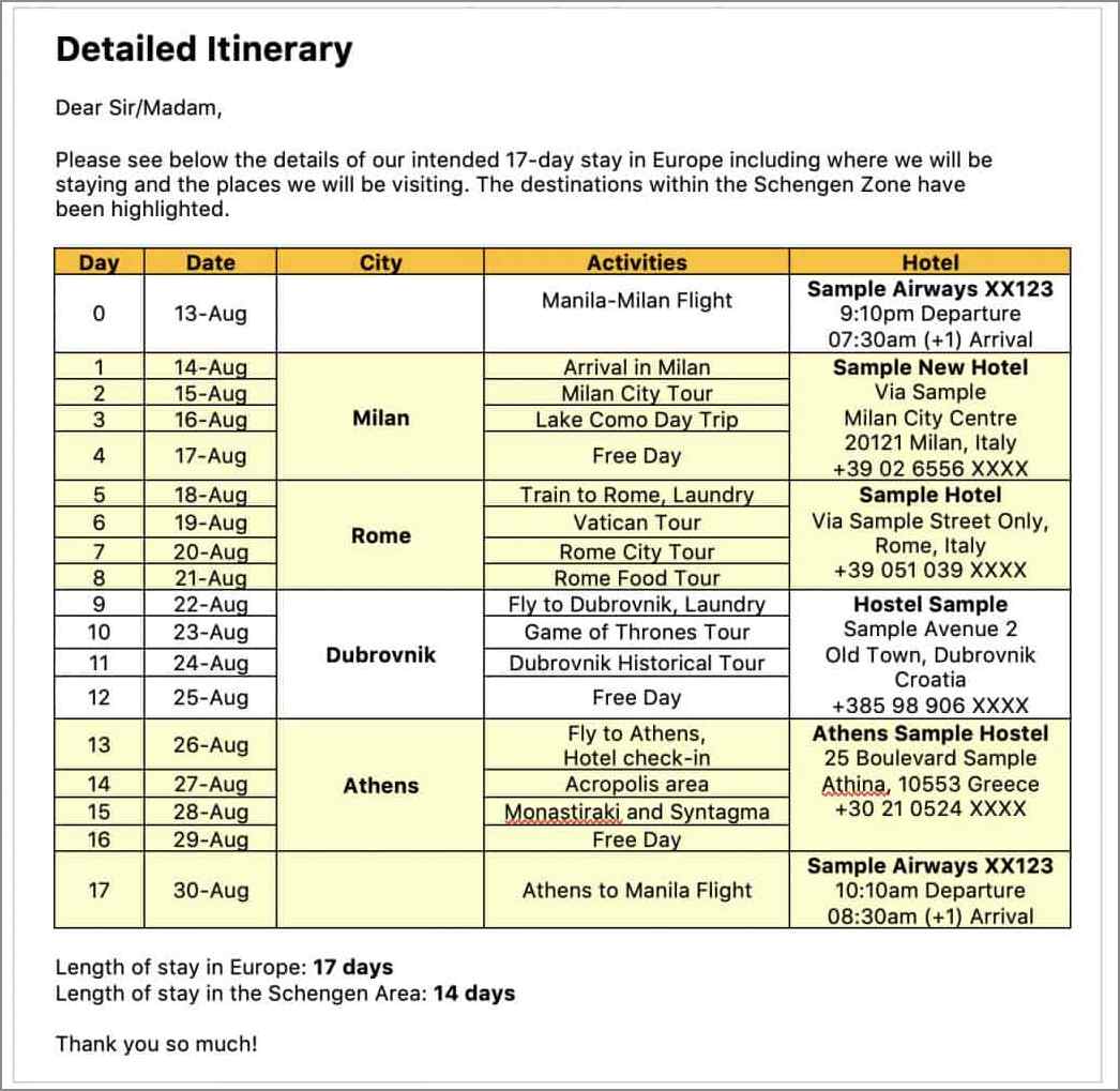 travel itinerary template for schengen visa